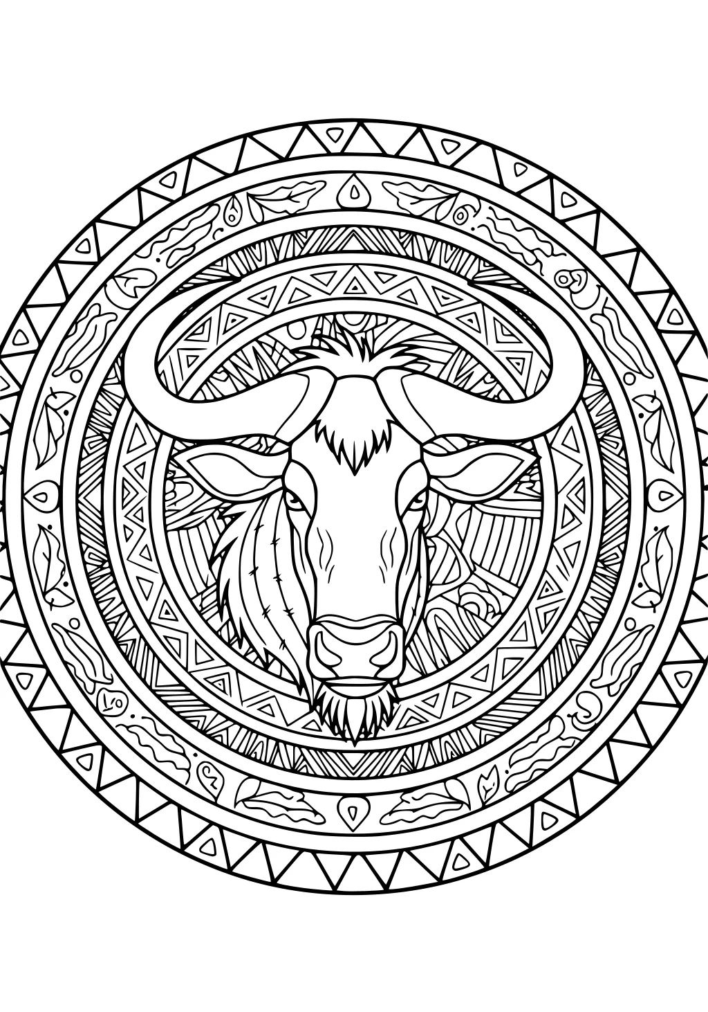 Wildebeest head with curved horns in a detailed circular mandala of triangles, leaves, and lines, outlined for coloring.