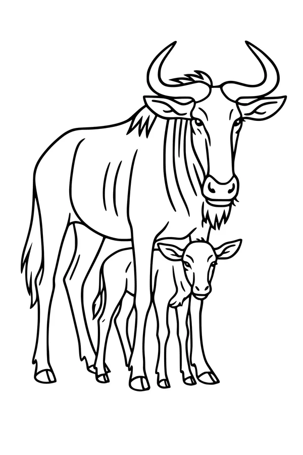 Free Wildebeest Coloring Page - Mother and Calf on the Savanna (Printable PDF)