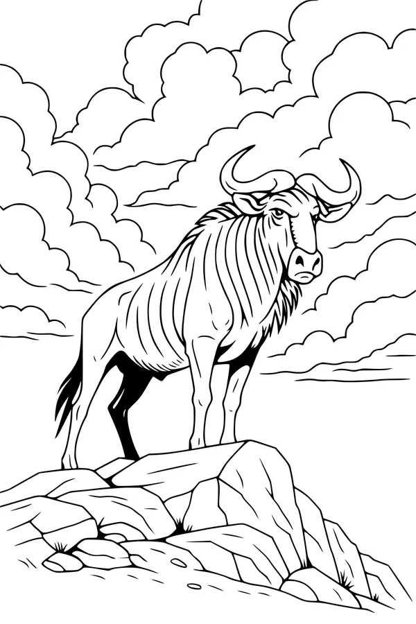 Free Wildebeest Coloring Page - Gnu on Rocky Hill Under Cloudy Sky (Printable PDF)