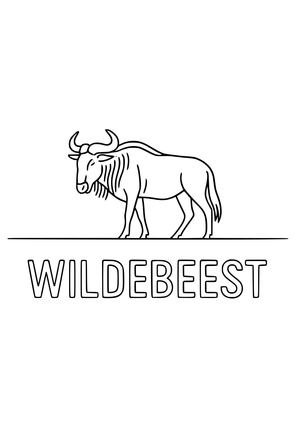 Outline drawing of a wildebeest with curved horns and beard standing on a ground line above the word WILDEBEEST