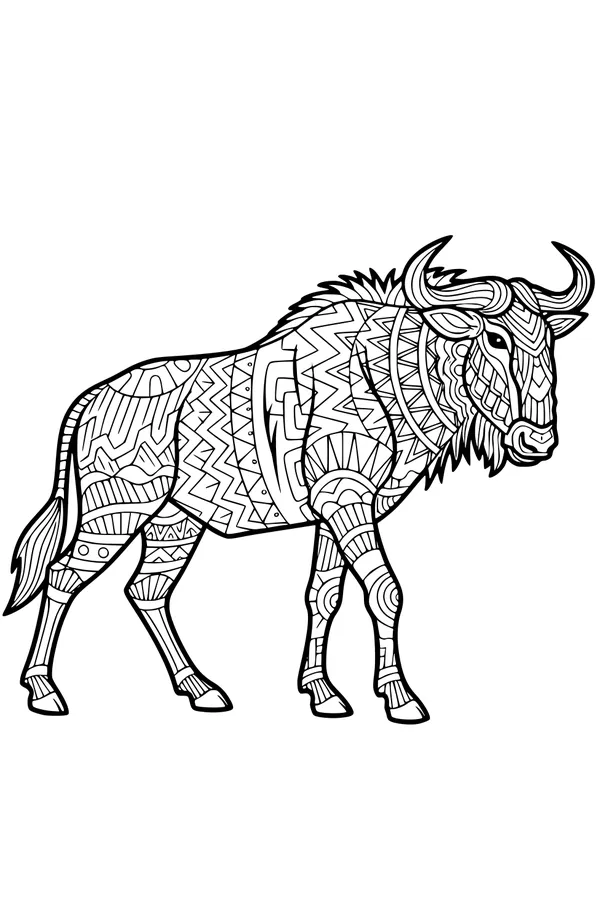 Free Wildebeest Coloring Page - Stylized Zentangle Savanna Animal (Printable PDF)