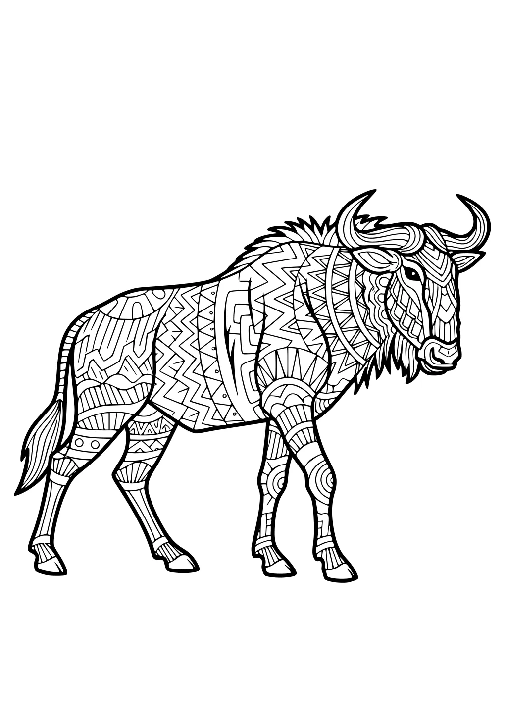 Stylized wildebeest profile with curved horns, shaggy mane, and body filled with zigzags, triangles, and swirls.