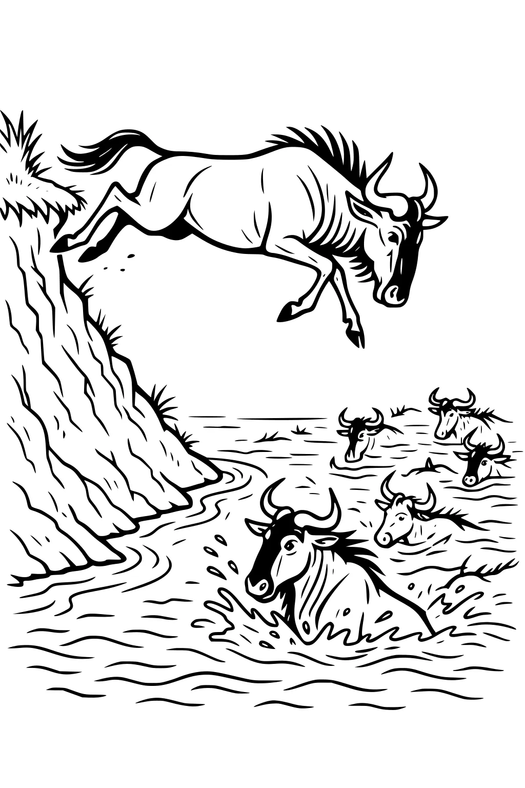 Wildebeest leaps from a rocky bank as a herd swims across a river; bold outlines show horns, beards, splashes, and ripples.