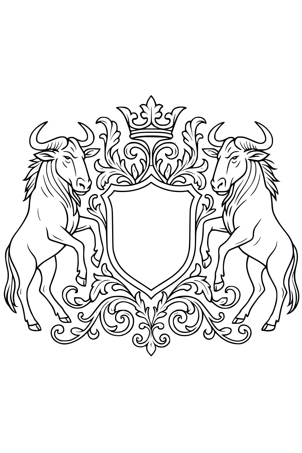 Two rearing wildebeests flank a blank shield with a crown above and ornate scrollwork, symmetrical black line art.