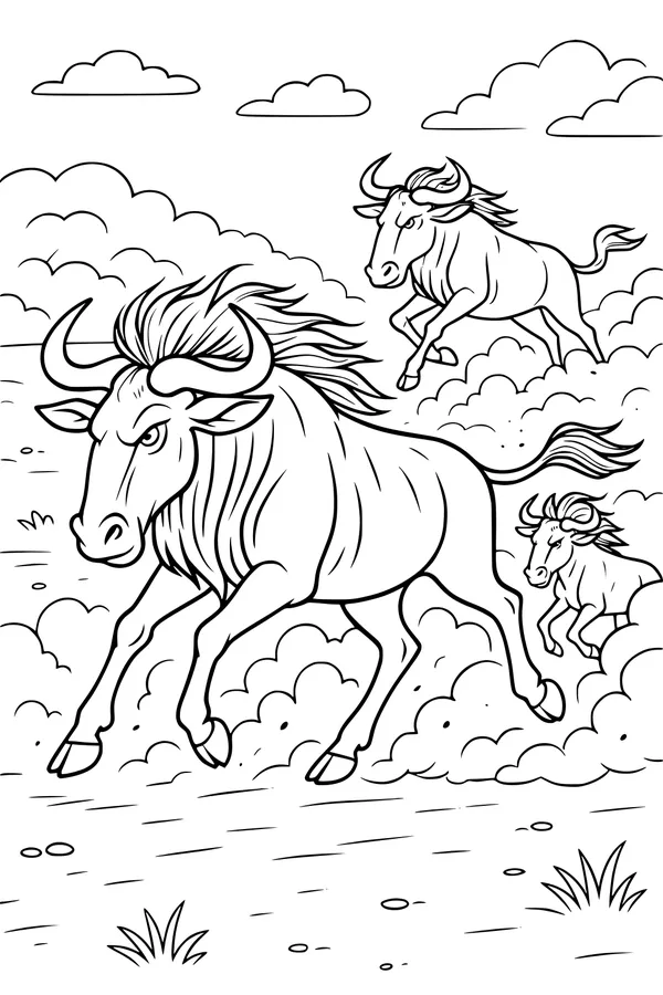Free Wildebeest Coloring Page - Running Herd on the Savanna (Printable PDF)