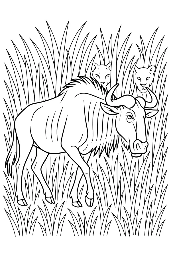 Free Wildebeest Coloring Page - Alert Wildebeest With Lionesses in Savanna Grass (Printable PDF)