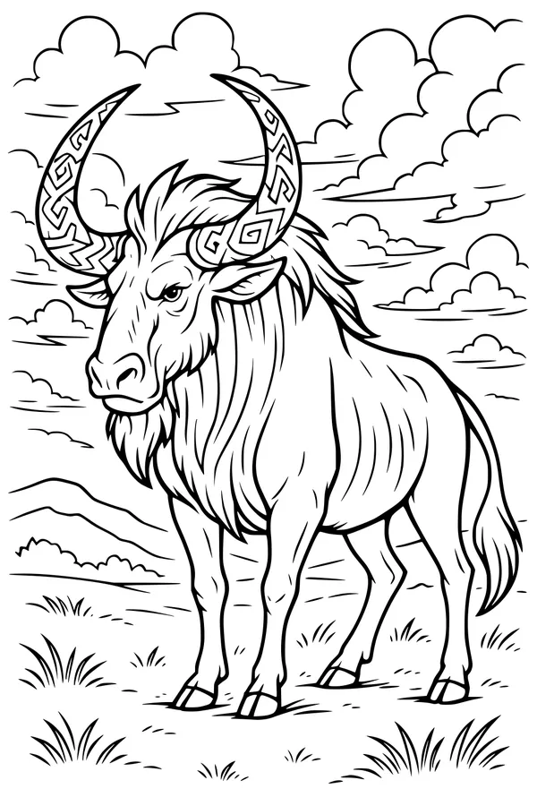 Free Wildebeest Coloring Page - Zigzag-Horned Savanna Scene (Printable PDF)
