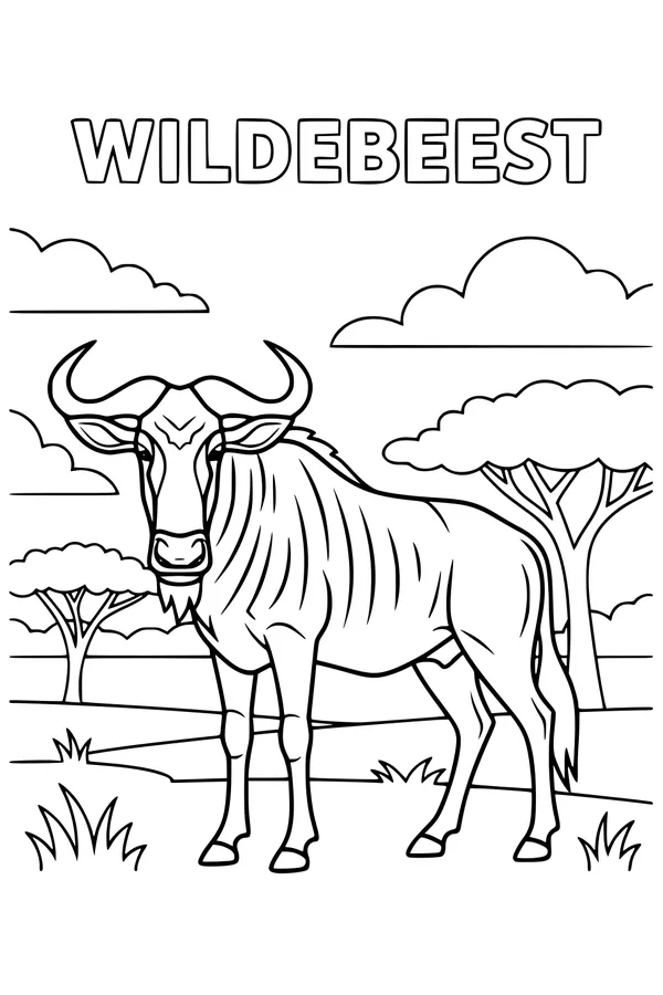 Free Wildebeest Coloring Page - Gnu on African Savanna (Printable PDF)
