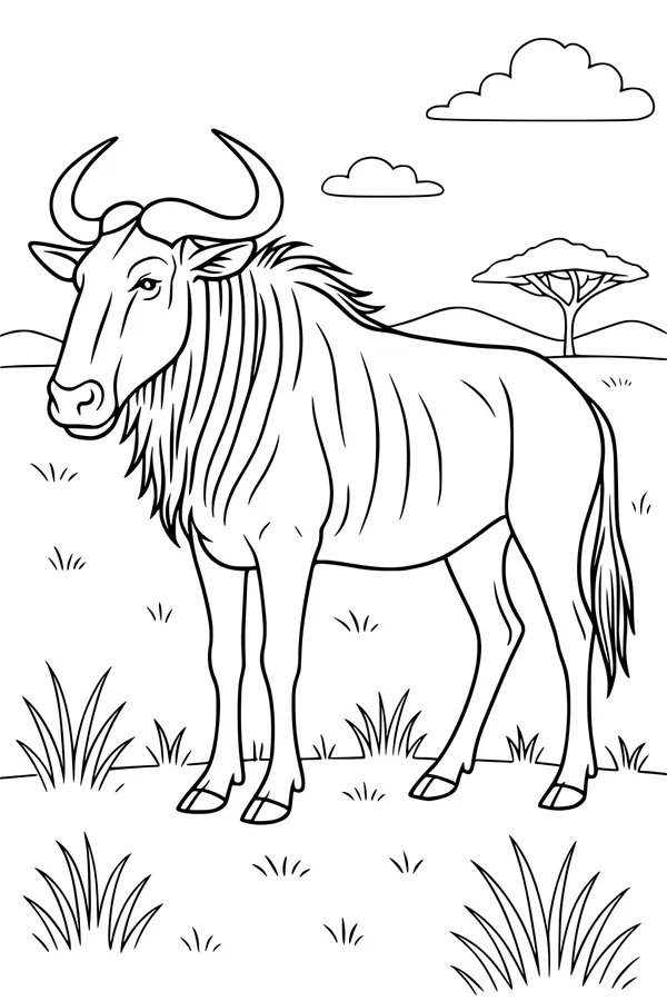 Free Wildebeest Coloring Page - Standing In Sunny Savannah Grass (Printable PDF)