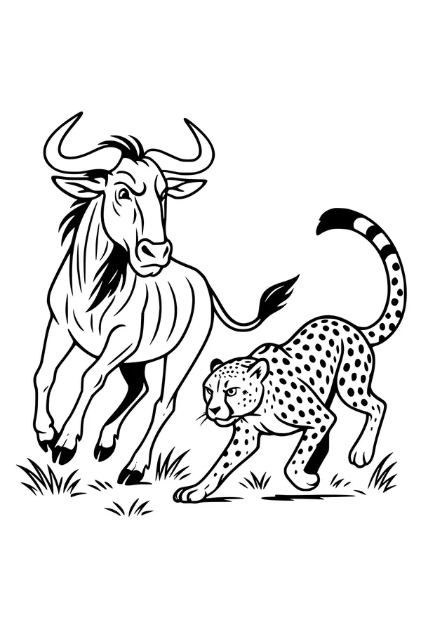 Free Wildebeest Coloring Page - Savannah Sprint From Cheetah (Printable PDF)