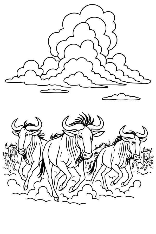 Free Wildebeest Coloring Page - Running Herd Under Puffy Clouds (Printable PDF)