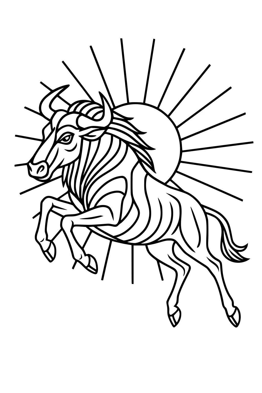 Leaping wildebeest line drawing with curved horns, flowing mane, and tail in front of a large sun with radiating rays.