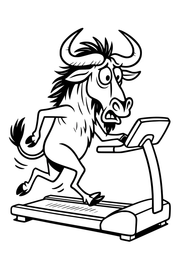 Free Wildebeest Coloring Page - Cartoon Wildebeest Running on a Treadmill (Printable PDF)