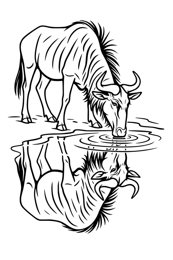 Free Wildebeest Coloring Page - Thirsty Gnu at Calm Waterhole (Printable PDF)