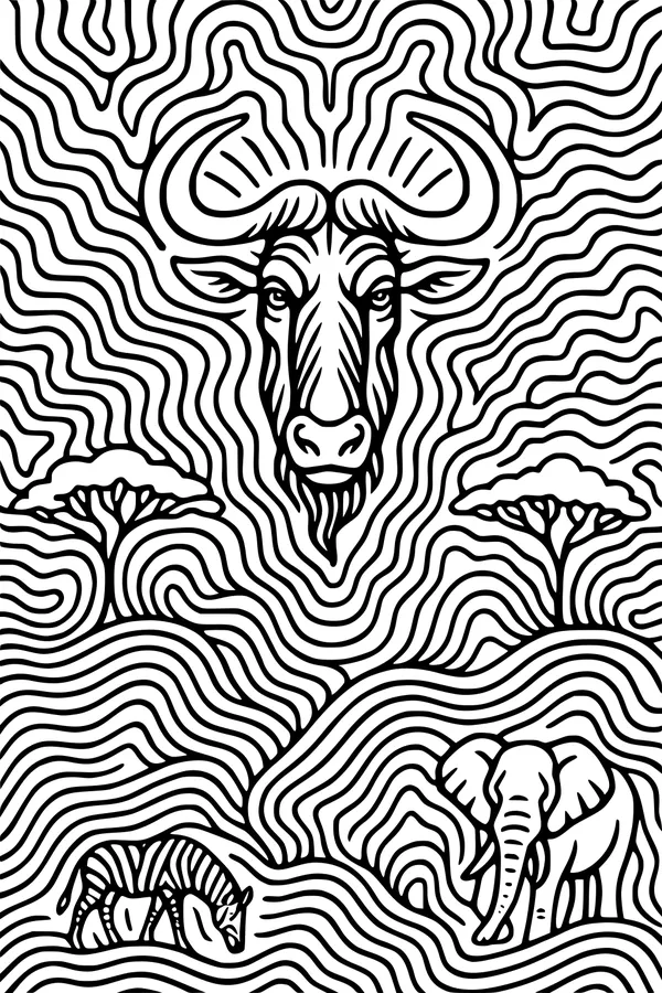 Free Wildebeest Coloring Page - Wavy Savannah Wildlife Scene (Printable PDF)