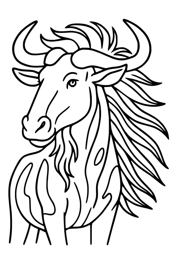 Free Wildebeest Coloring Page - Wild Mane and Curved Horns (Printable PDF)