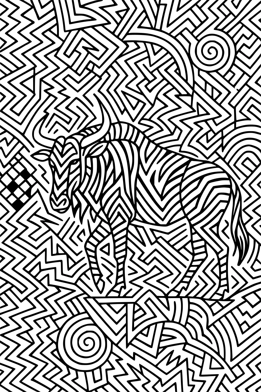 Wildebeest with curved horns and maze-like stripes stands on a ledge amid zigzag, spiral, and triangle patterns in black lines.