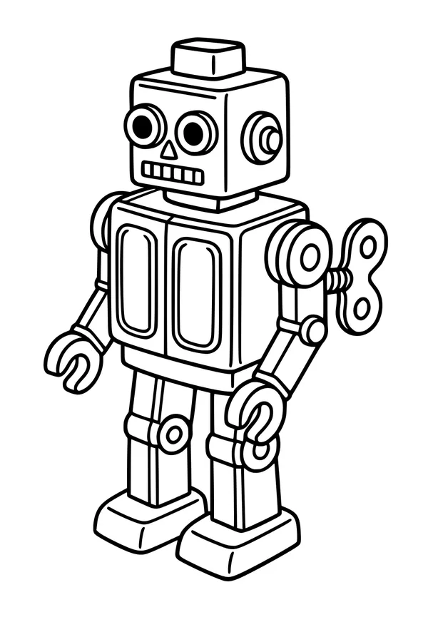 Free Robot Coloring Page - Retro Wind-Up Toy With Big Eyes (Printable PDF)