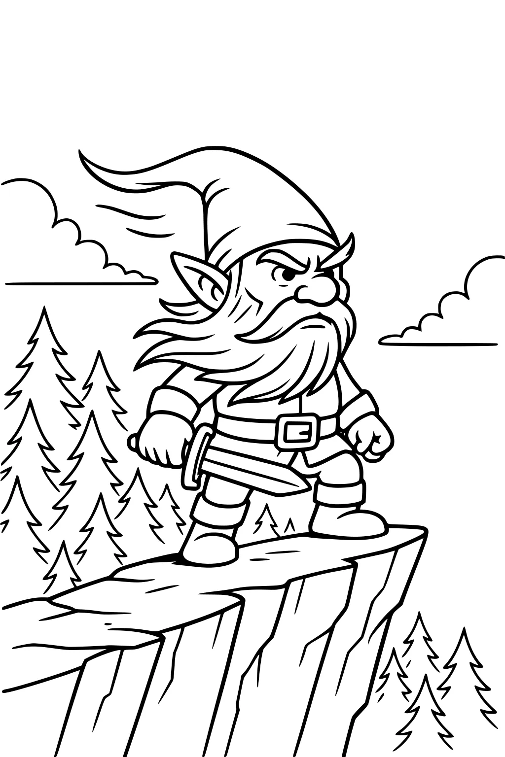 Cartoon gnome with long beard and tall hat on a rocky cliff, hand near sword, pine trees and clouds in the background.