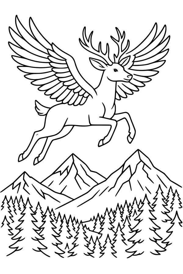Free Deer Coloring Page - Winged Deer Over Mountain Pines (Printable PDF)