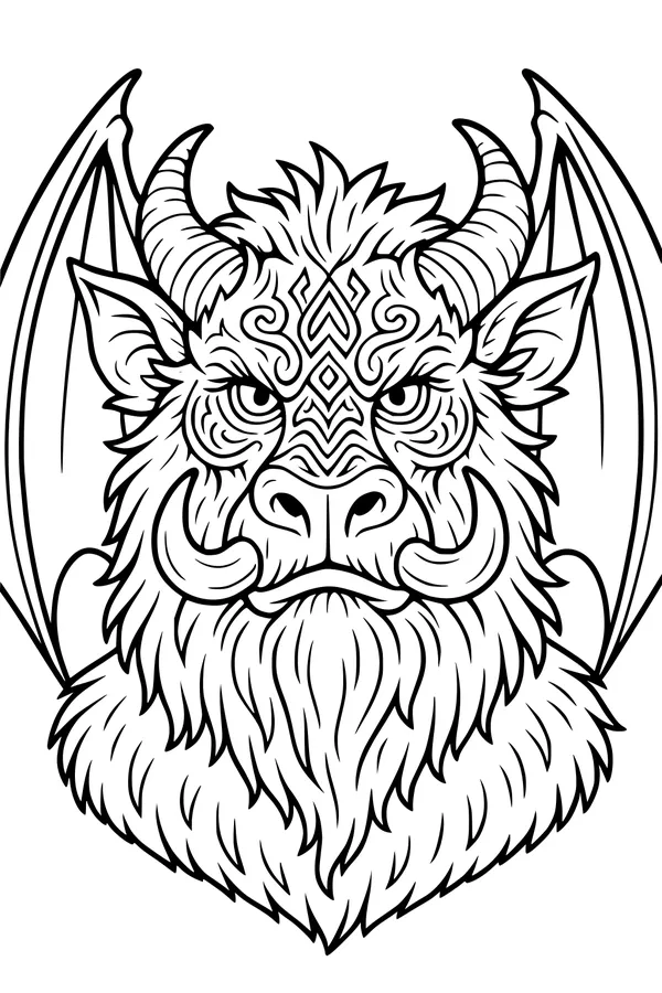 Free Monster Coloring Page - Winged Horned Guardian Face (Printable PDF)