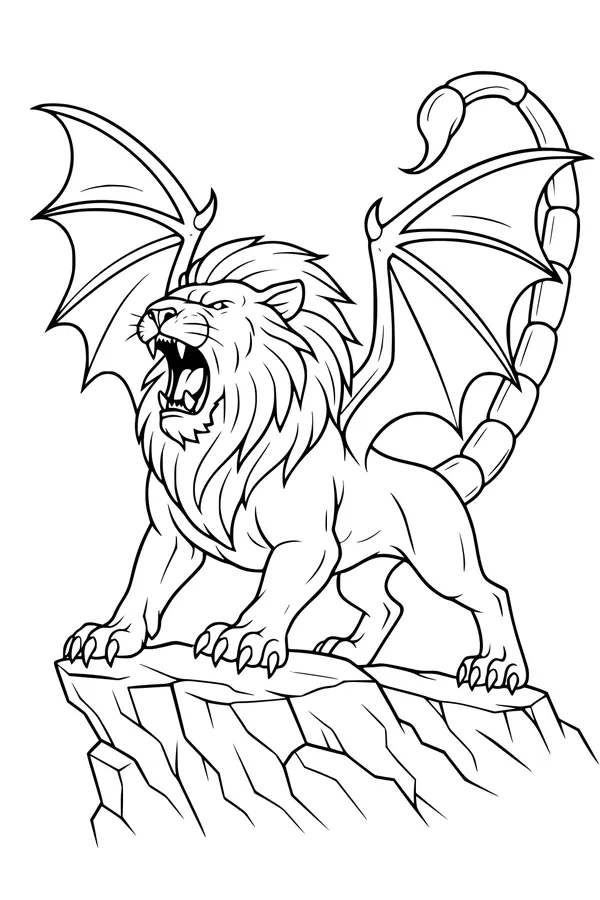 Free Winged Manticore Lion Coloring Page - Roaring On Rocky Cliff (Printable PDF)