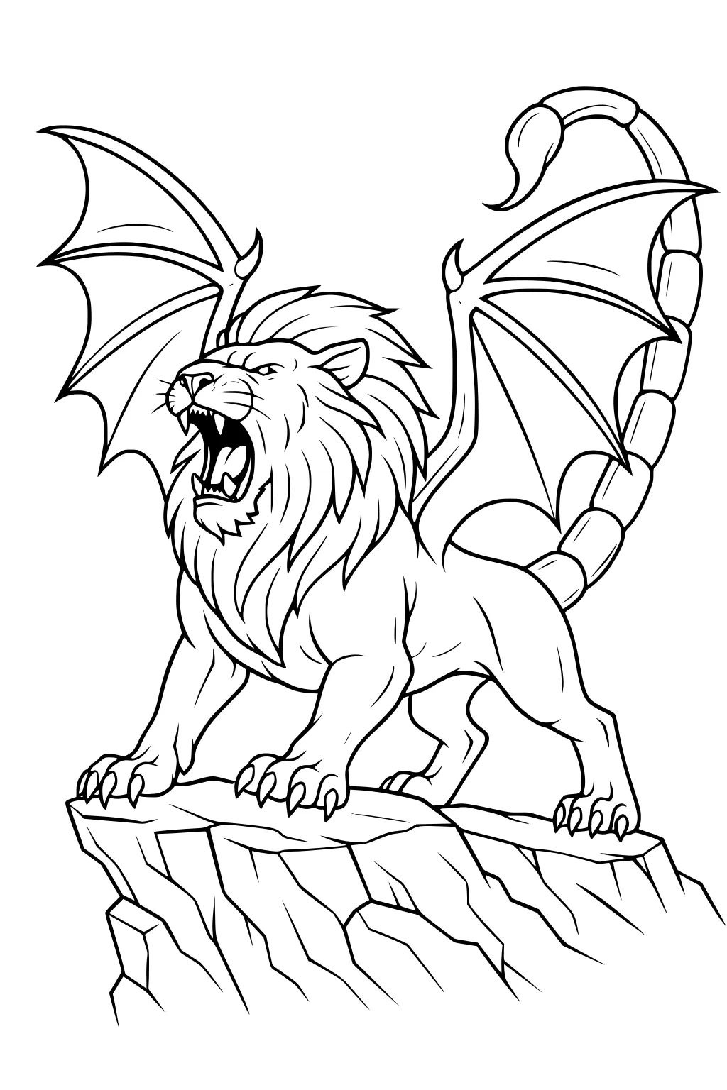 Winged lion manticore roaring on a rocky cliff, bat wings spread, scorpion tail raised, claws gripping stone in line art.