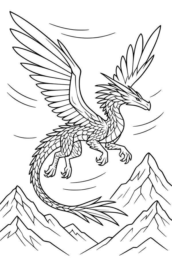 Free Dragon Coloring Page - Feathered Sky Dancer Above the Mountains (Printable PDF)