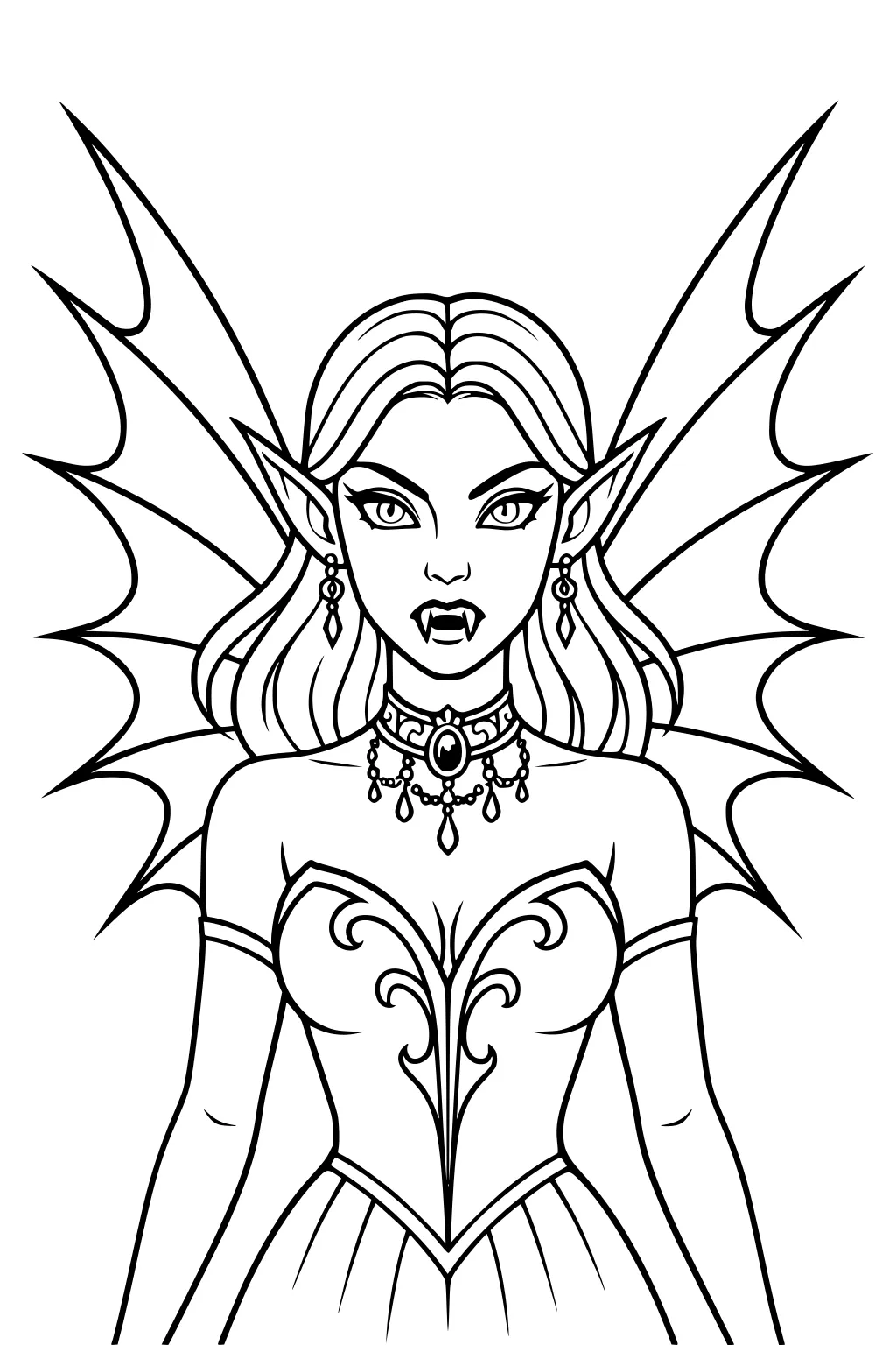 Girl vampire with bat wings, fangs, pointed ears, ornate dress, jeweled choker and earrings, front-view line art.
