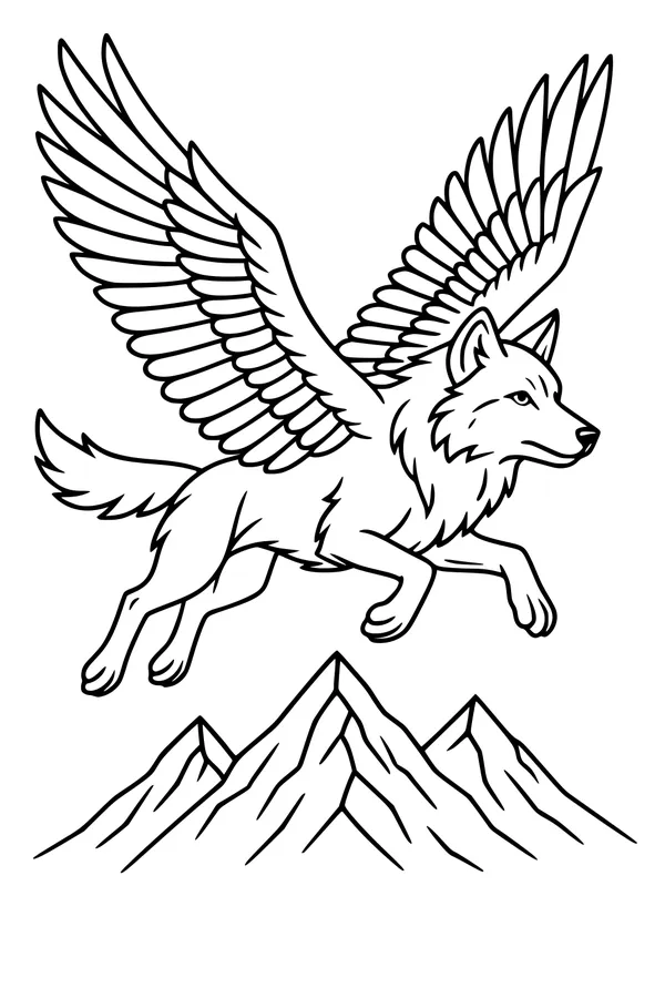 Free Winged Wolf Coloring Page - Sky Runner Above Mountain Peaks (Printable PDF)