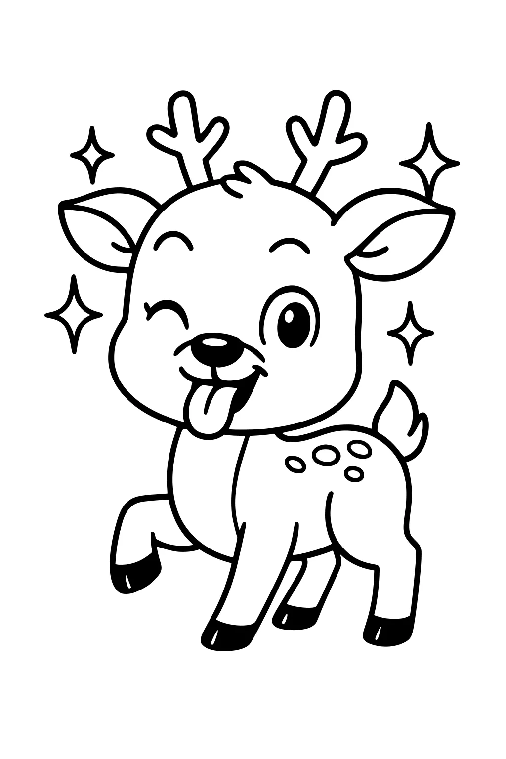 Cartoon deer with antlers winking, tongue out, surrounded by star shapes.