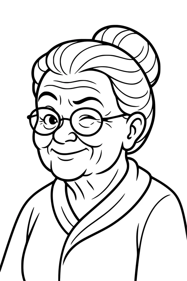 Free Grandma Coloring Page - Winking Elderly Portrait (Printable PDF)