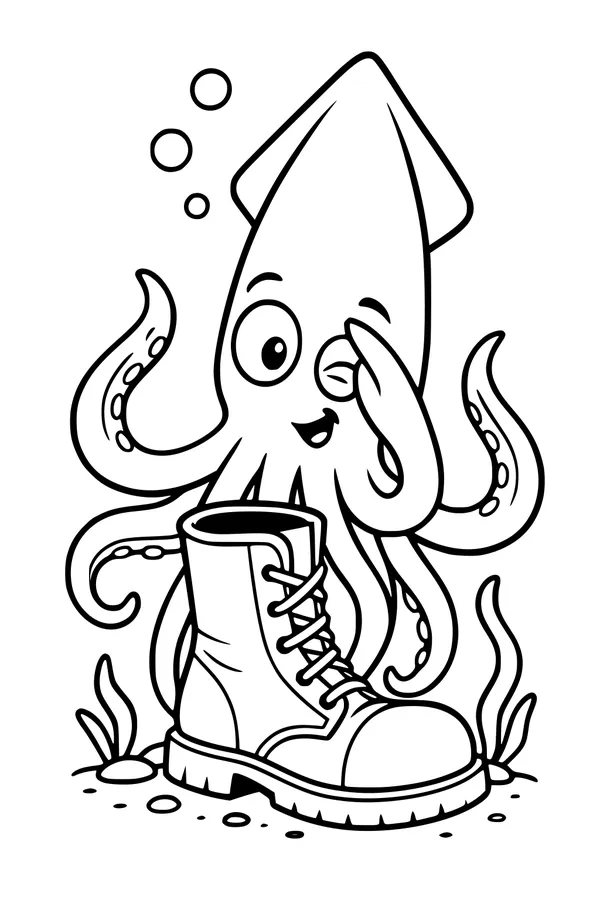 Free Kraken Coloring Page - Friendly Sea Monster With Boot (Printable PDF)