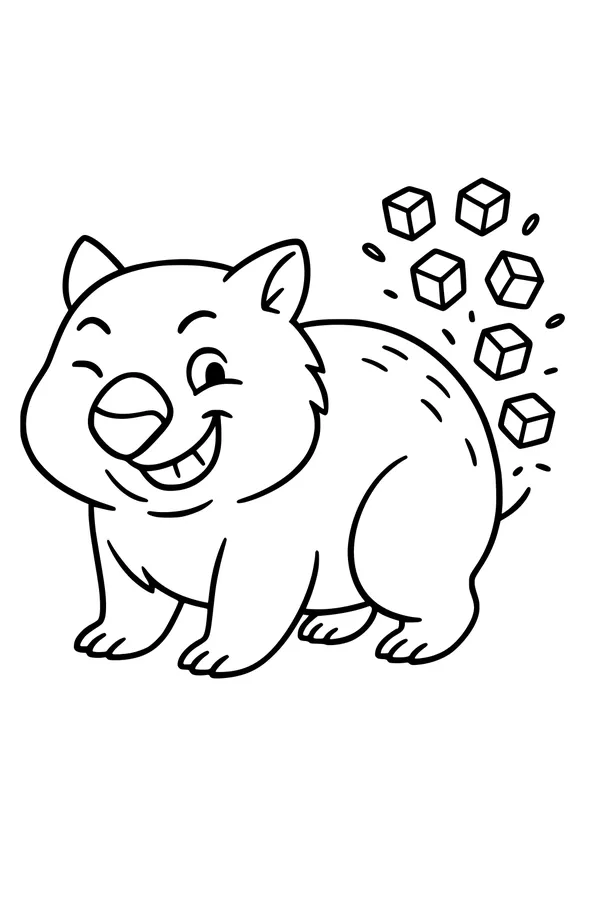 Free Wombat Coloring Page - Winking Cartoon With Cube Droppings (Printable PDF)