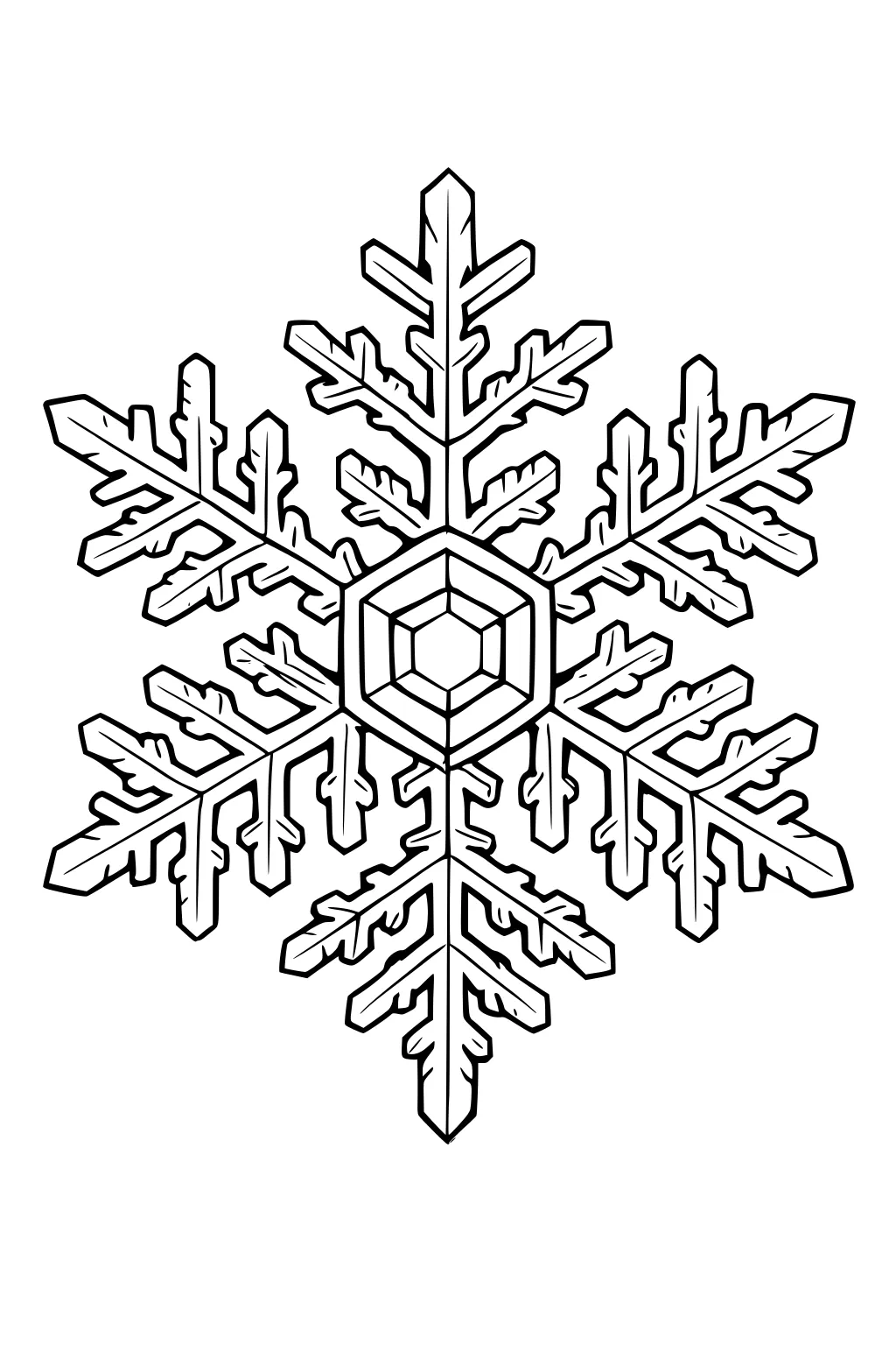 Large symmetrical snowflake with six branched arms and a hexagon center, thick outlines on a plain white background.