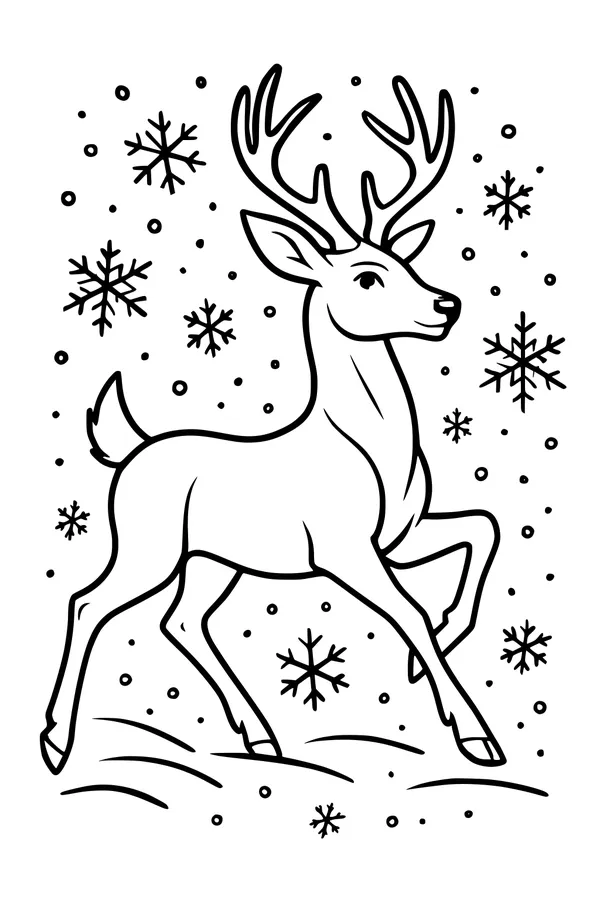 Free Deer Coloring Page - Young Antlered Fawn in Snowy Winter Scene (Printable PDF)