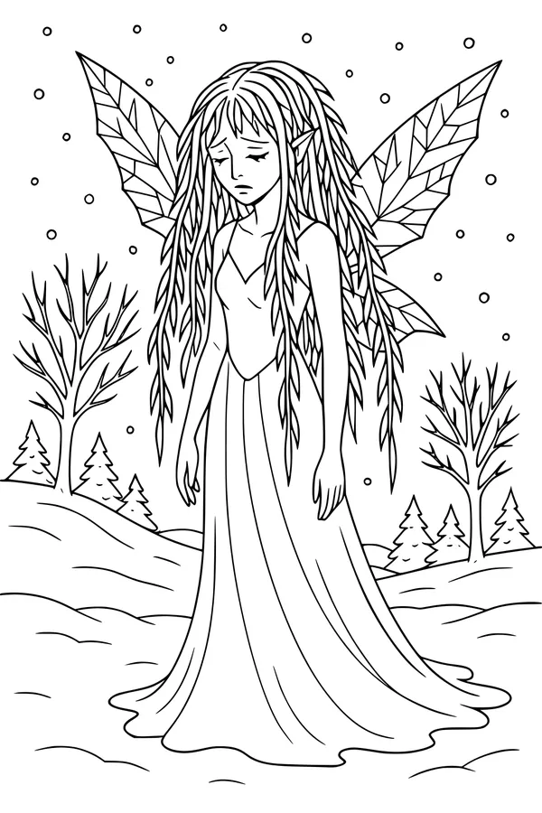 Free Fairy Coloring Page - Winter Forest Fairy Girl (Printable PDF)