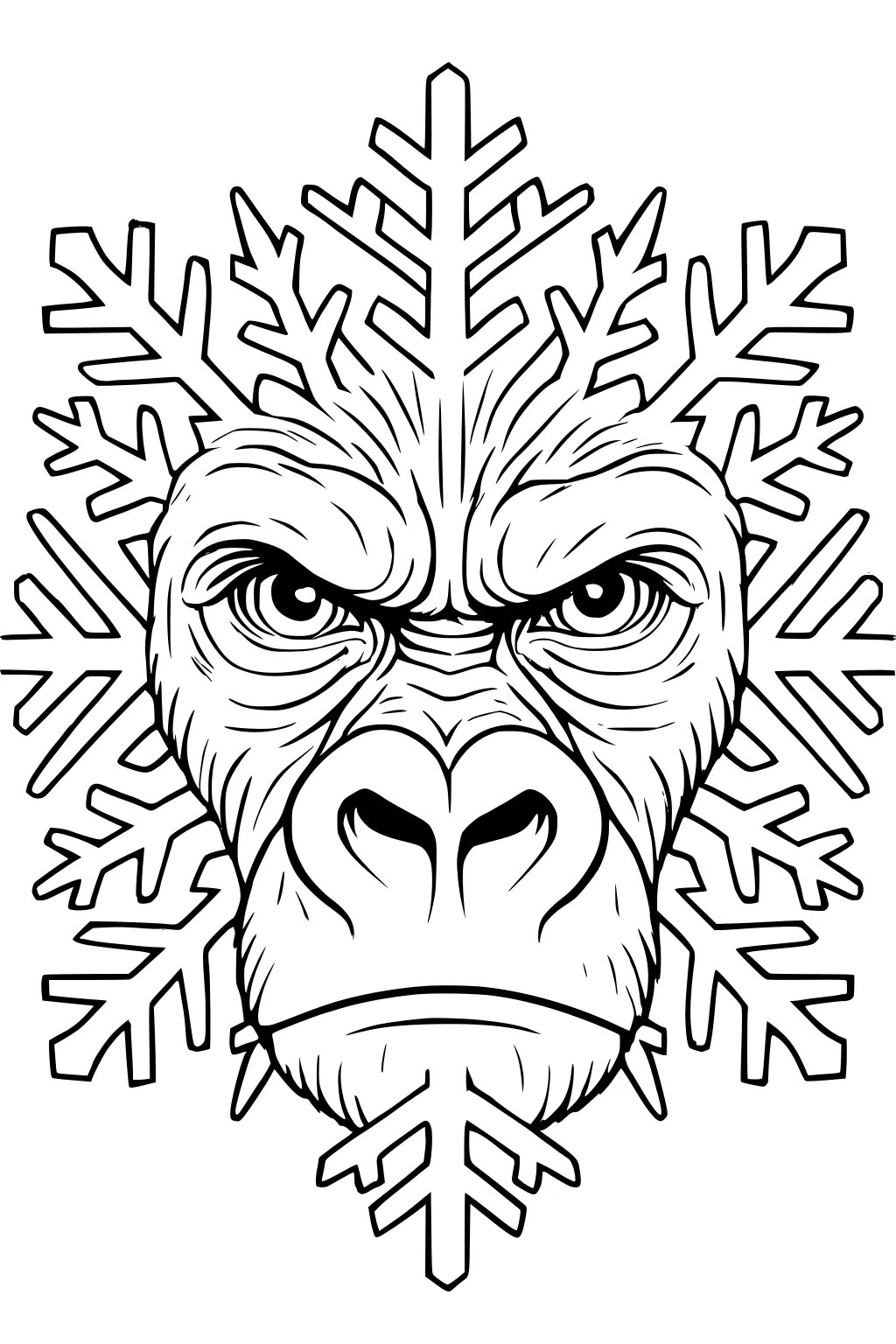 Gorilla face with detailed fur framed by a large geometric snowflake pattern in black outlines.