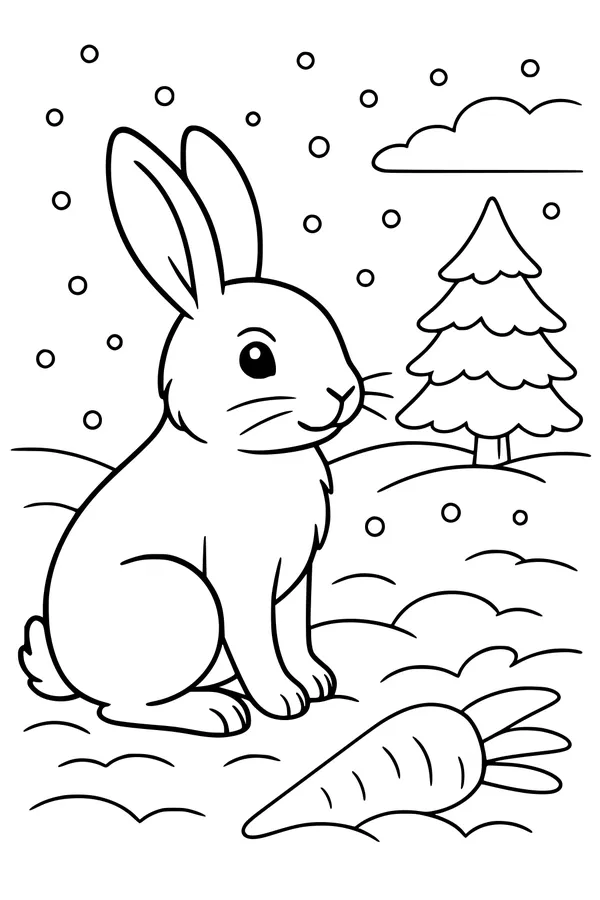Free Rabbit Coloring Page - Snowy Hills With Carrot And Pine Tree (Printable PDF)