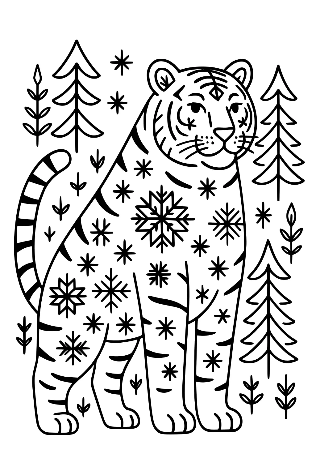 Tiger with star and snowflake patterns on its body, standing among pine trees and branches.