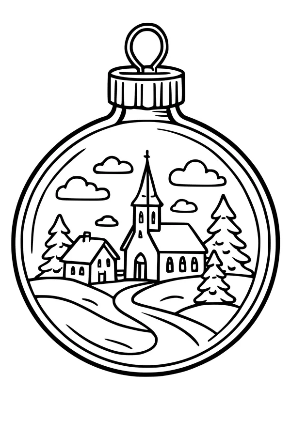 Free Christmas Ornament Coloring Page - Snowy Church Village Scene (Printable PDF)