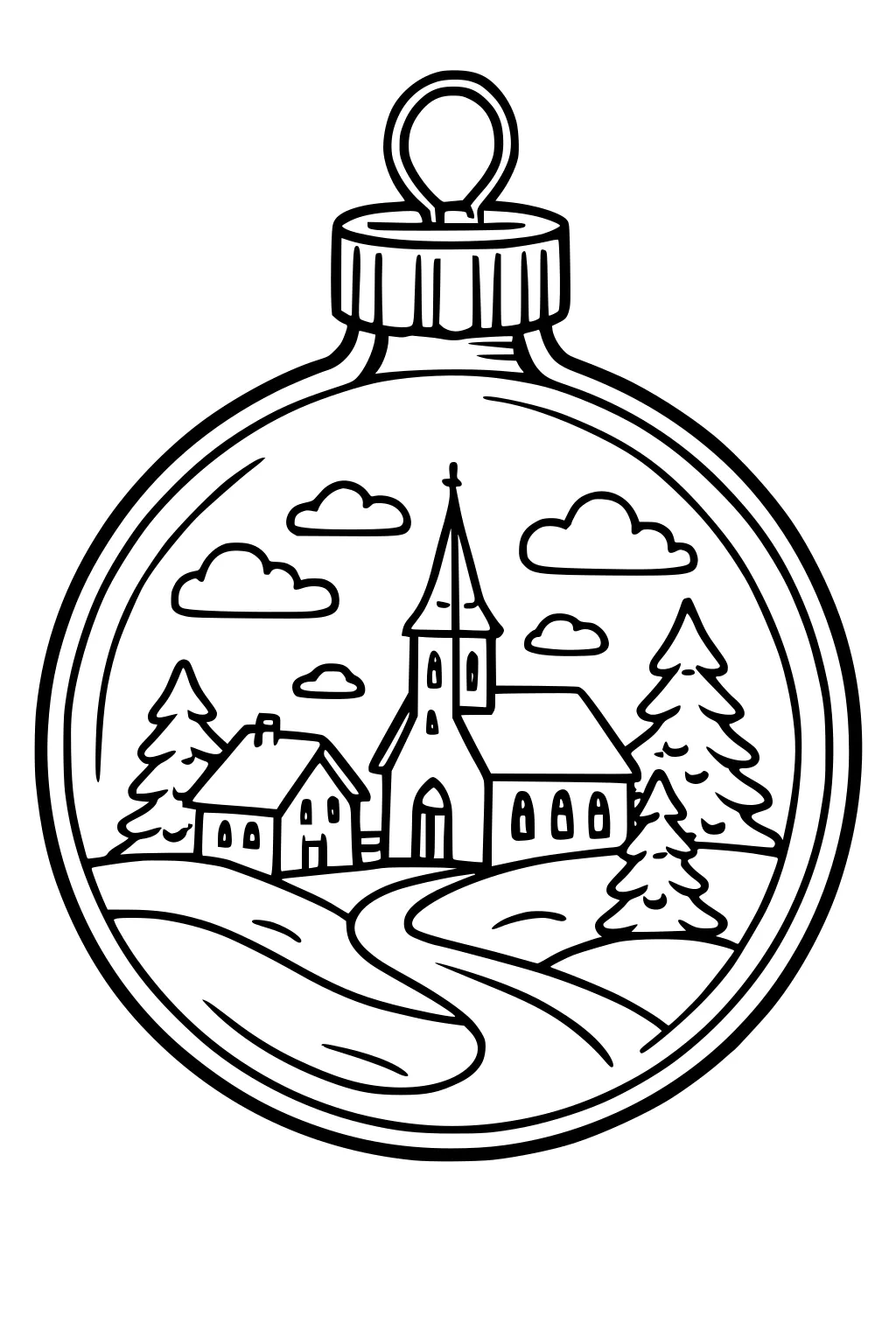 Christmas ornament with winter village: church steeple, small house, pines, winding path, and clouds.