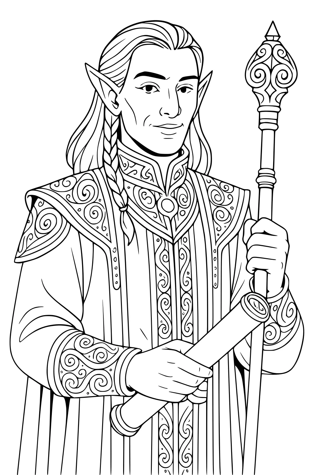 Elf man in patterned robe holding a staff and a scroll, long hair with braid, pointed ears, gentle smile, black-and-white line art.