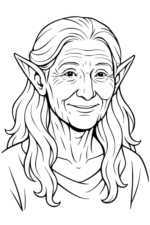 Free Elf Grandma Coloring Page - Gentle Woodland Portrait (Printable PDF)