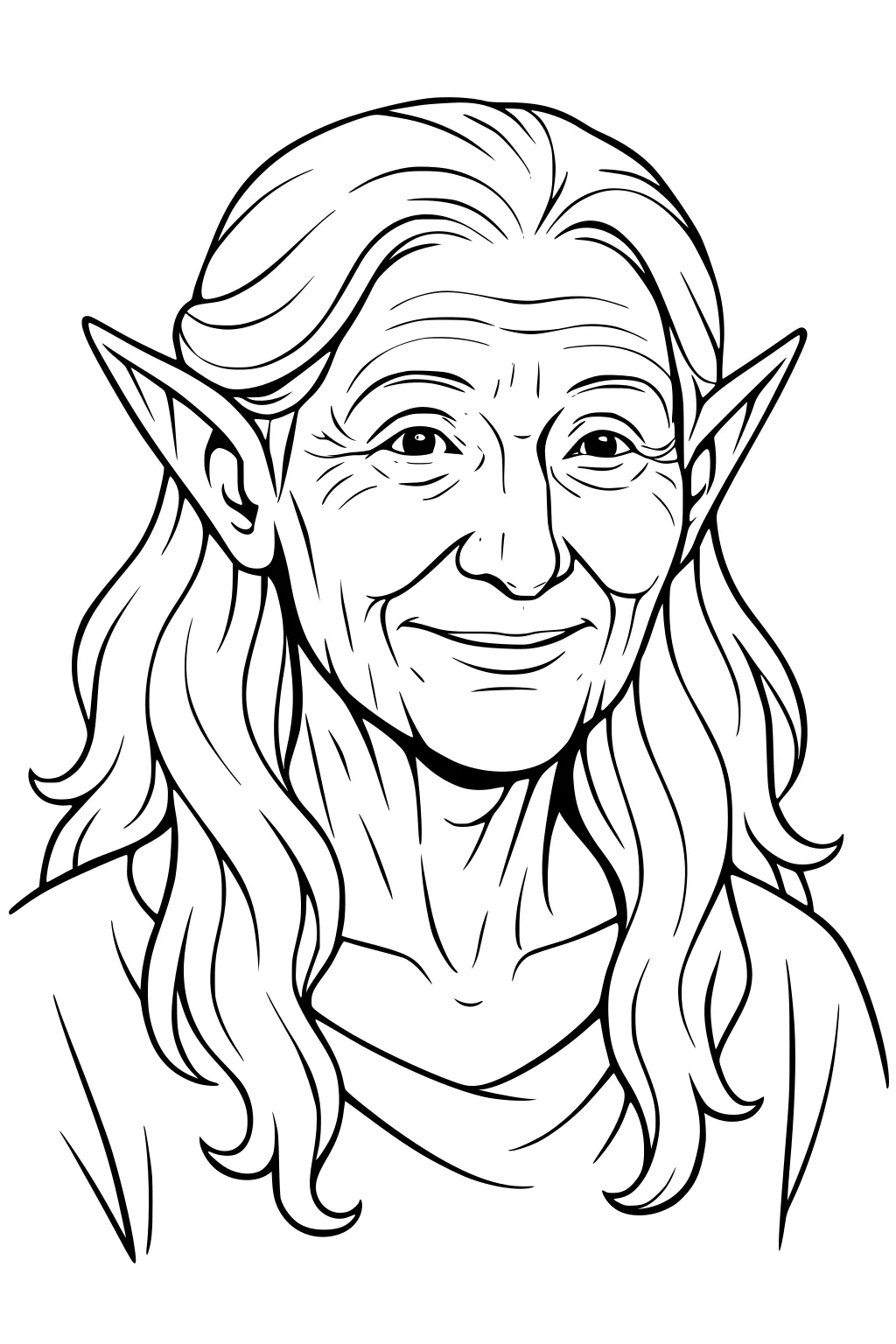 Line drawing of an elderly elf woman with long wavy hair, pointed ears, gentle smile, and a simple tunic, portrait view.