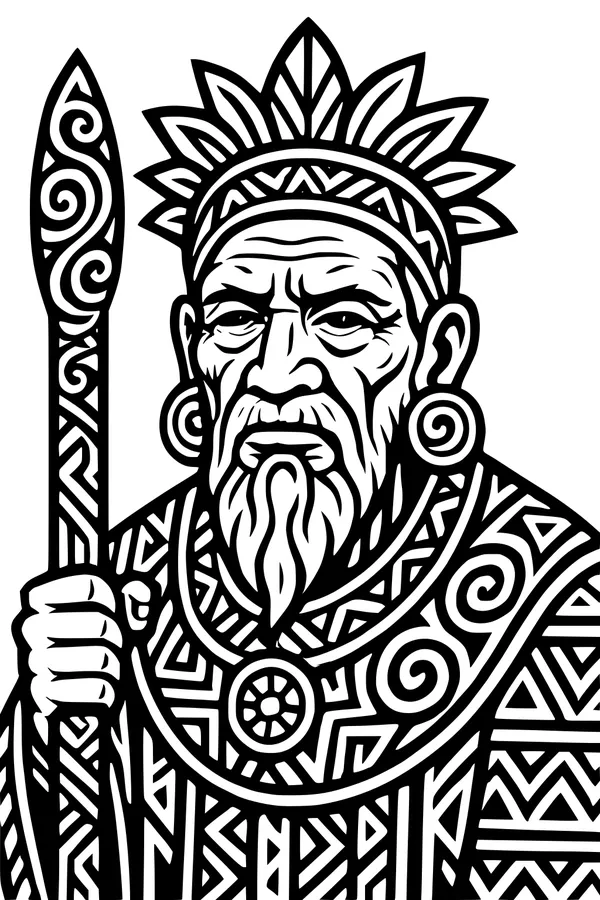 Free Grandpa Coloring Page - Wise Elder With Staff And Geometric Robe (Printable PDF)