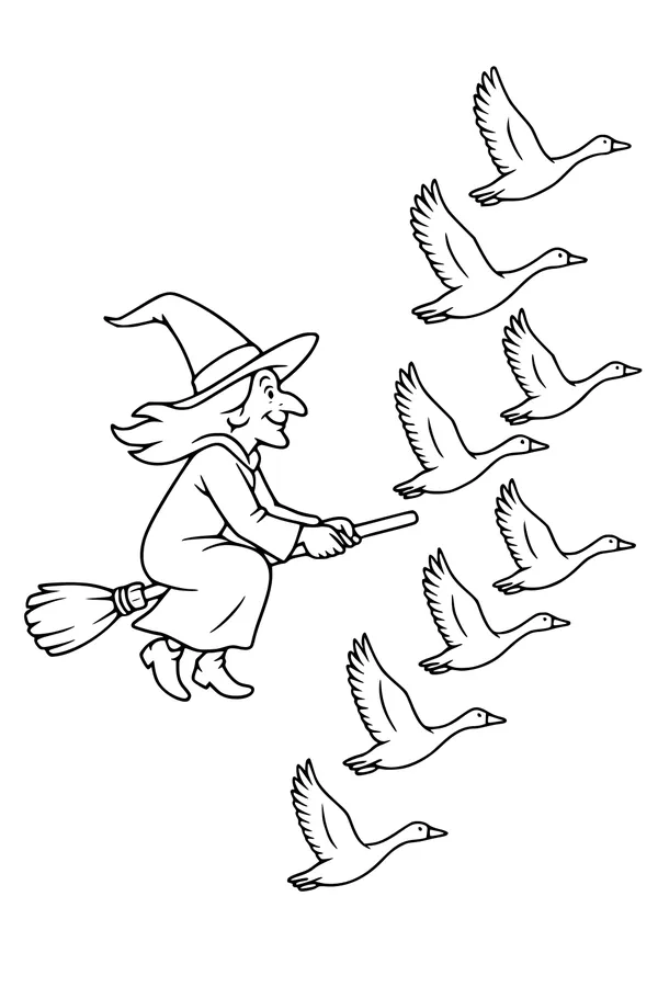 Free Witch Coloring Page - Flying With Geese in the Halloween Sky (Printable PDF)
