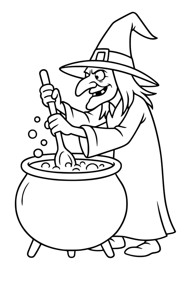 Free Witch Coloring Page - Stirring a Bubbling Cauldron (Printable PDF)
