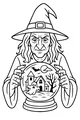 Free Witch Coloring Page - Crystal Ball With Haunted House and Ghost (Printable PDF)