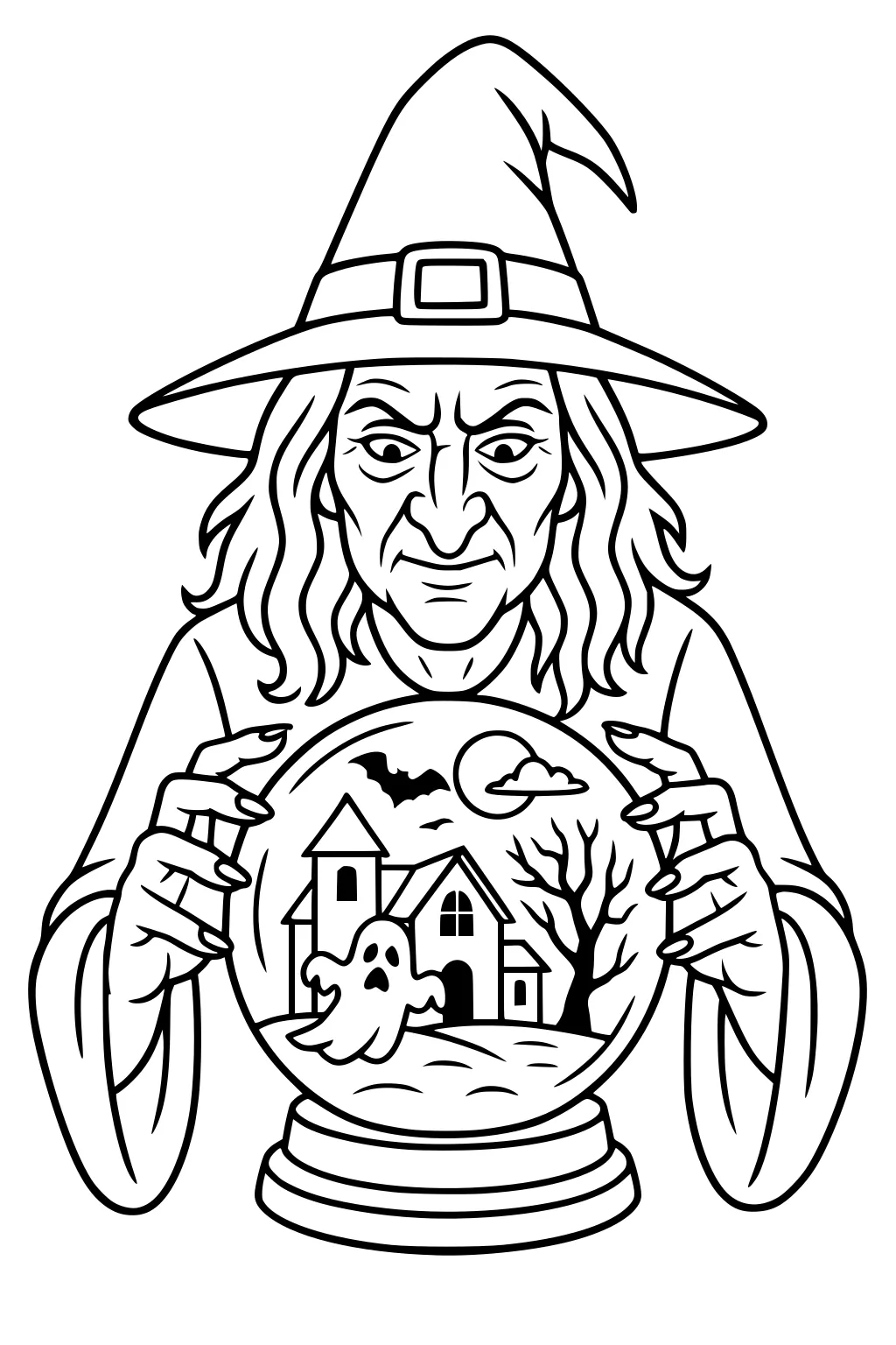 Old witch in pointy hat holding a crystal ball with a haunted house, friendly ghost, bat, round moon, and bare tree on a stand.